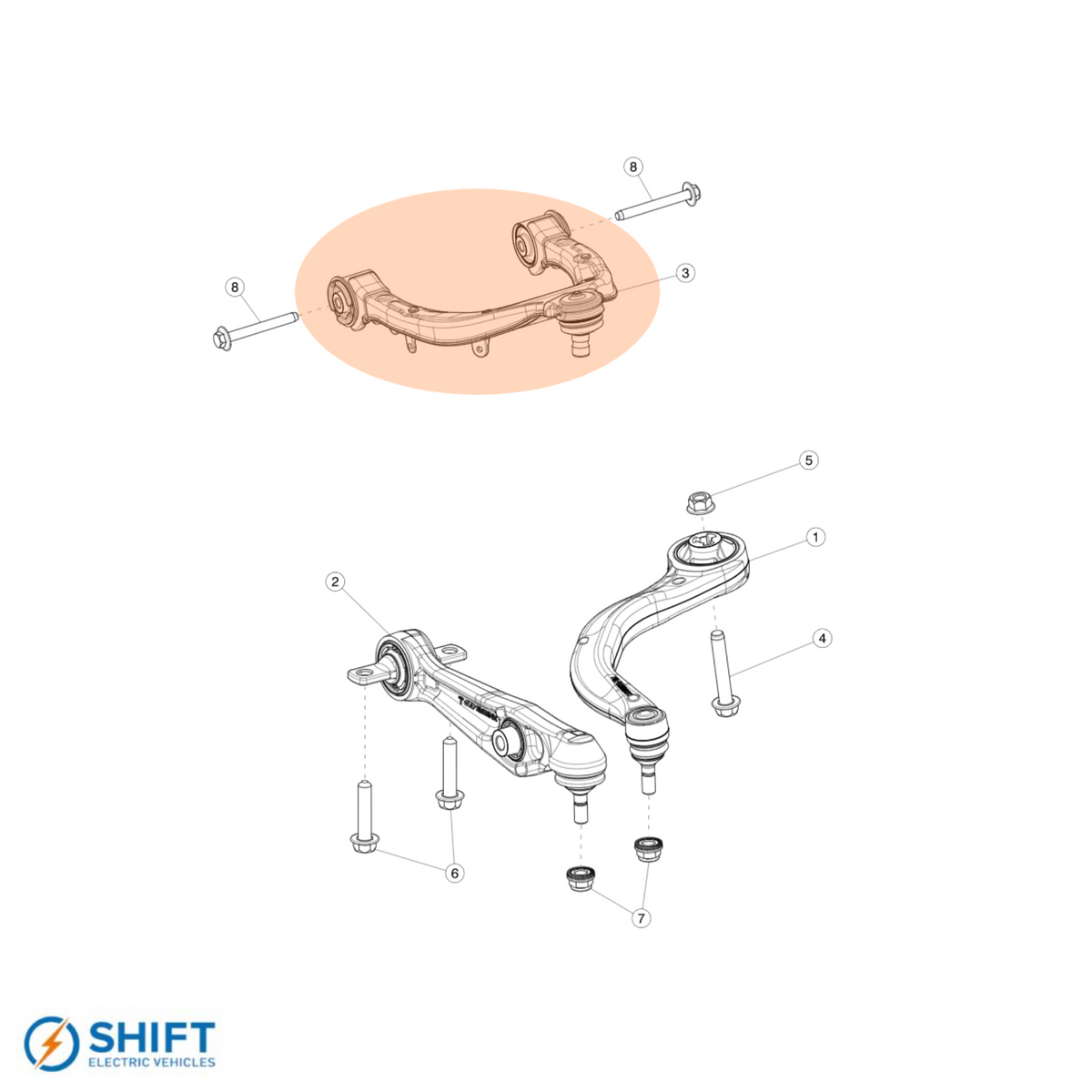 Tesla Model 3/Y Front Upper Control Arm Left Hand - Part 1044321-00-H, precision-engineered suspension component by SHIFT Electric Vehicles