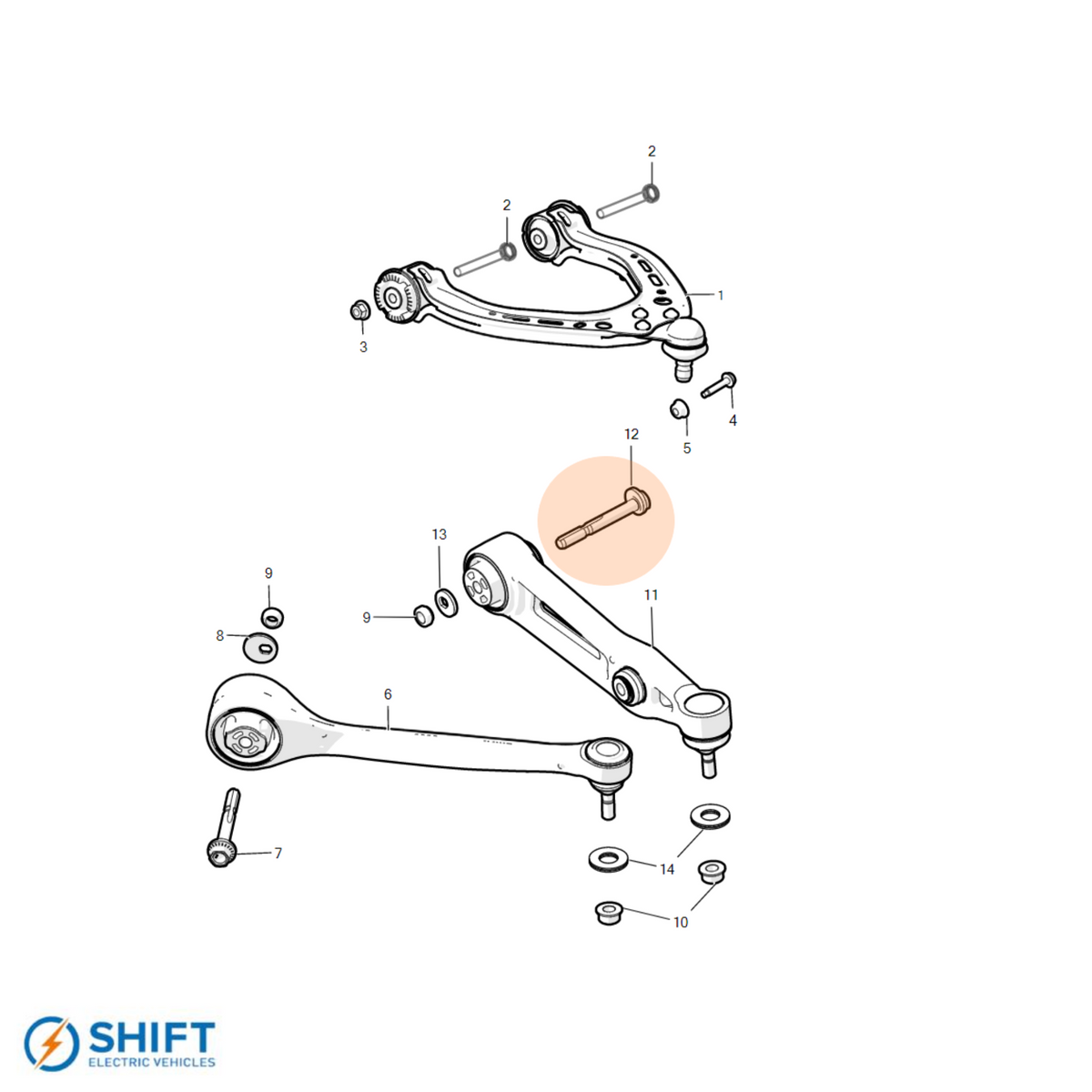 Tesla Model S/X Front Lower Aft Control Arm Eccentric Bolt - Part 2007106, precision-engineered fastening component by SHIFT Electric Vehicles