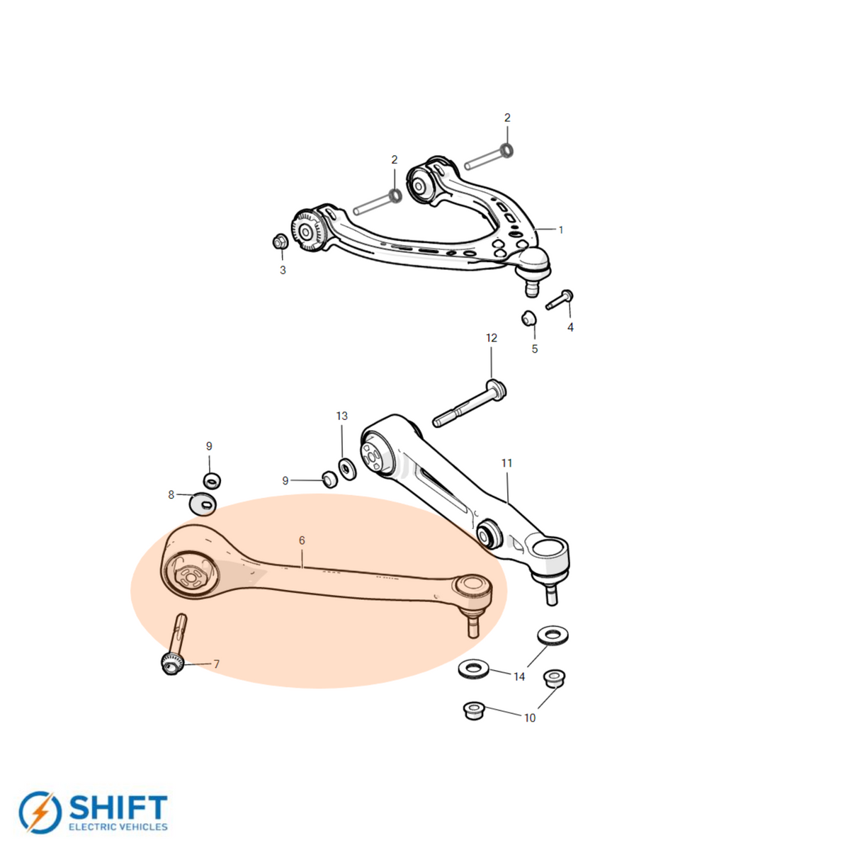 Tesla Model S/X Front Lower Fore Control Arm Right Hand - Part 1041575-00-B, precision-engineered suspension component by SHIFT Electric Vehicles