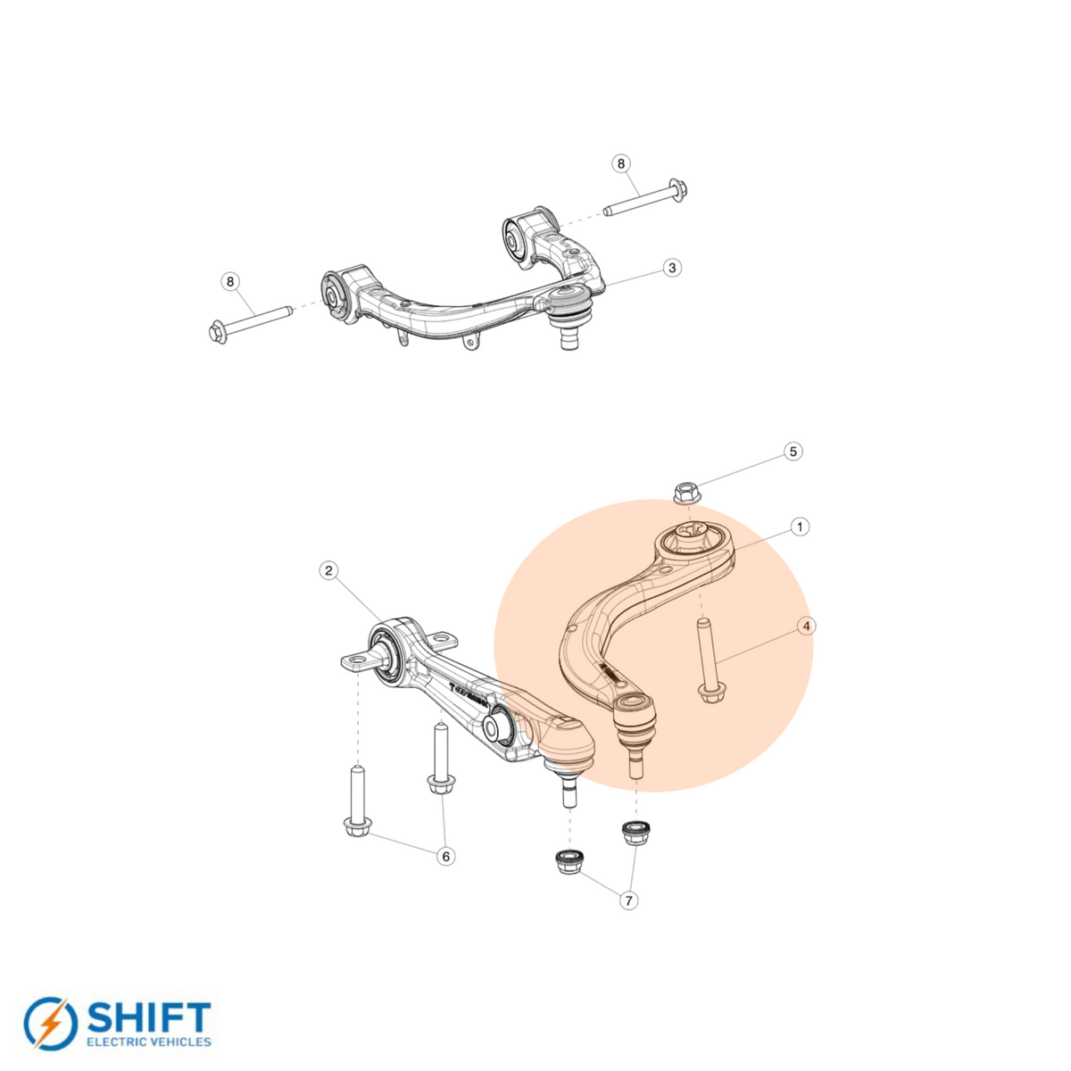 Tesla Model 3/Y Front Lower Compliance Control Arm Left Hand - Part 1044354-00-A, high-performance suspension component by SHIFT Electric Vehicles