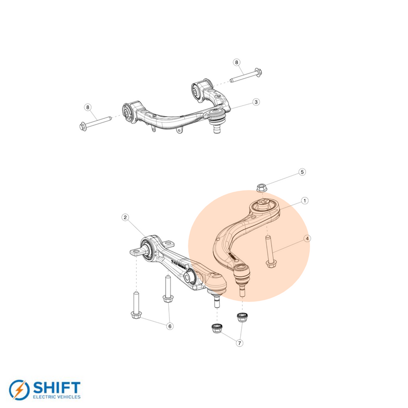 Tesla Model 3/Y Front Lower Compliance Control Arm Right Hand - Part 1044359-00-A, high-performance suspension component by SHIFT Electric Vehicles