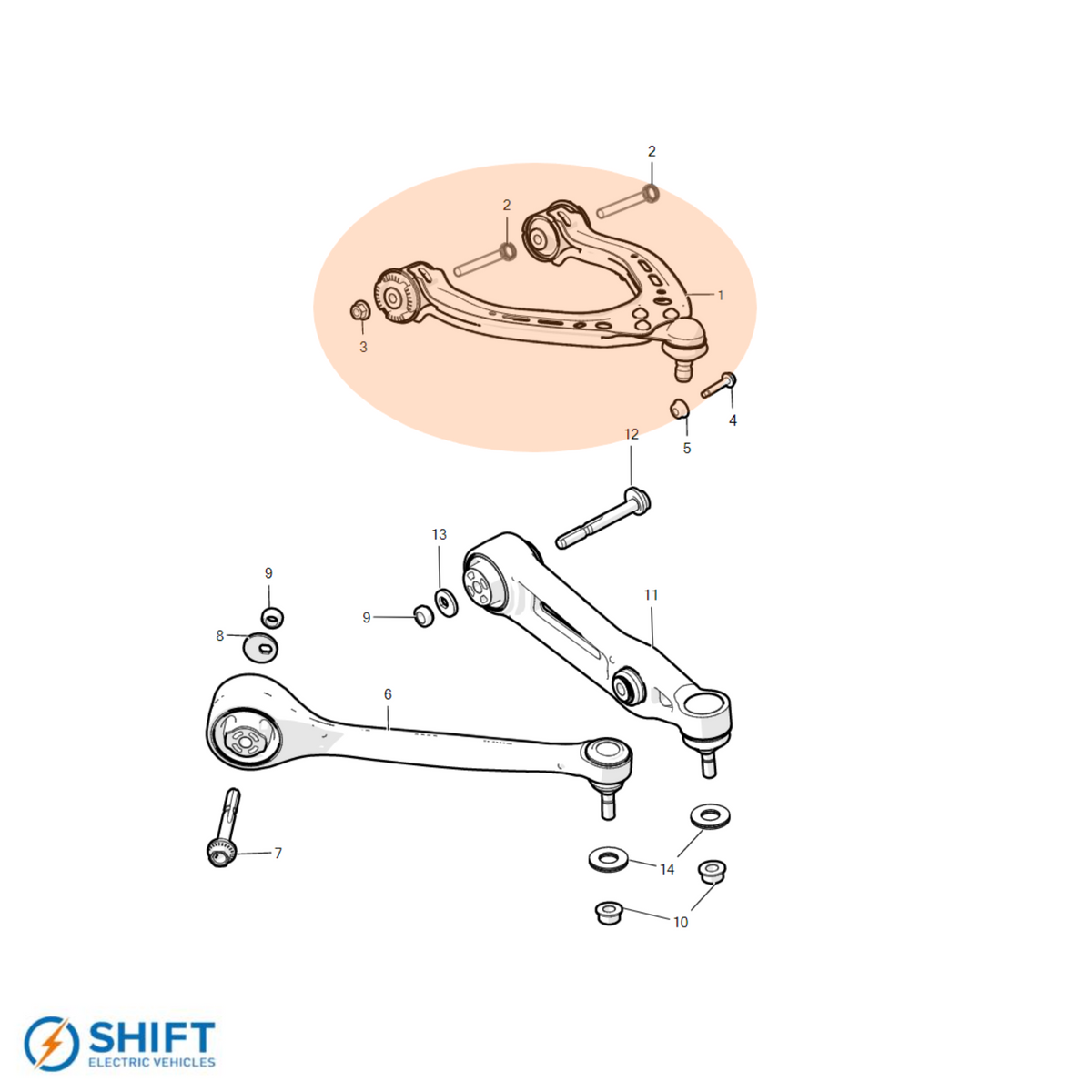 Tesla Model S Front Upper Control Arm Left Hand - Part 1043965-00-B, precision-engineered suspension component by SHIFT Electric Vehicles