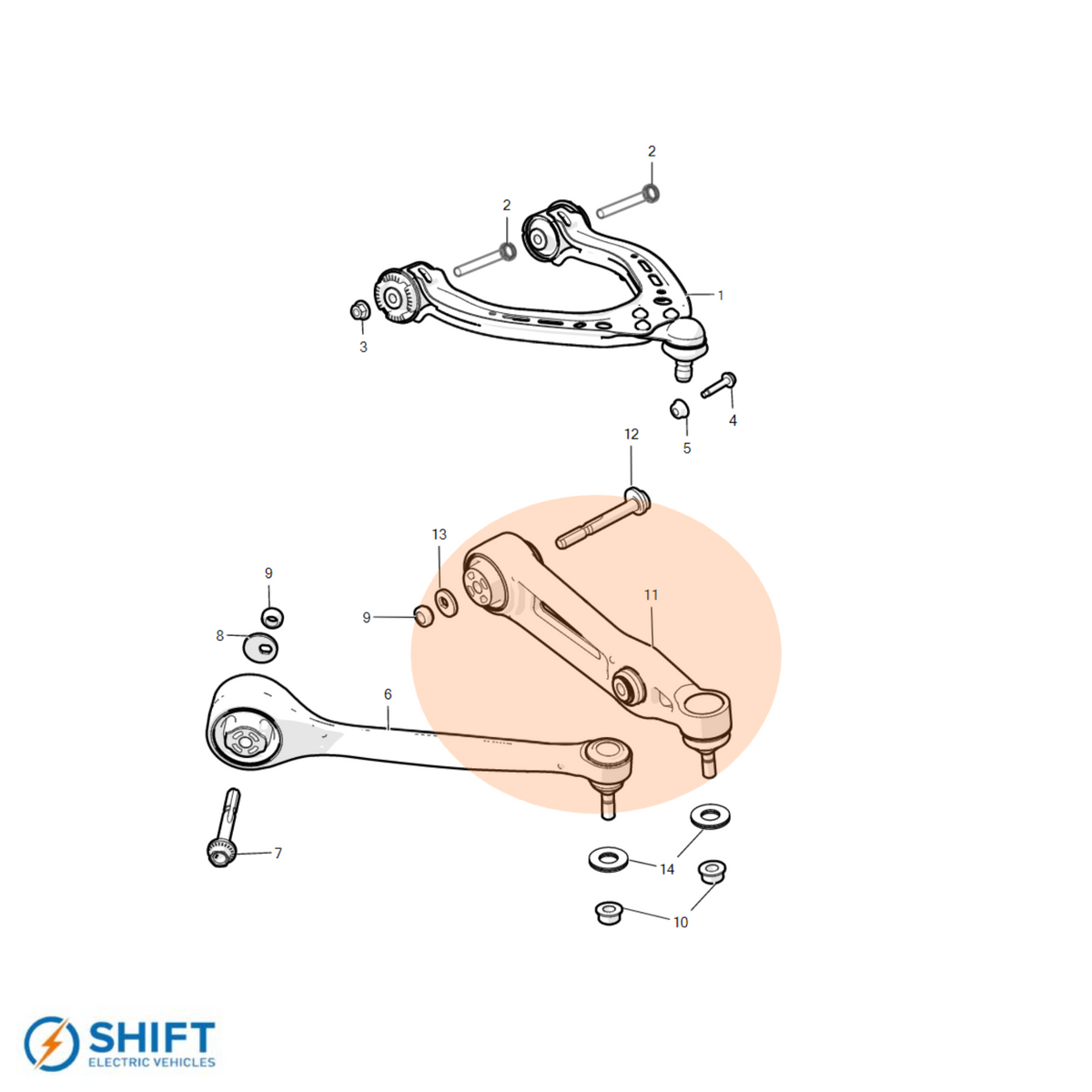 Tesla Model S/X Front Lower Aft Control Arm - Part 1027351-00-C, high-performance suspension component by SHIFT Electric Vehicles