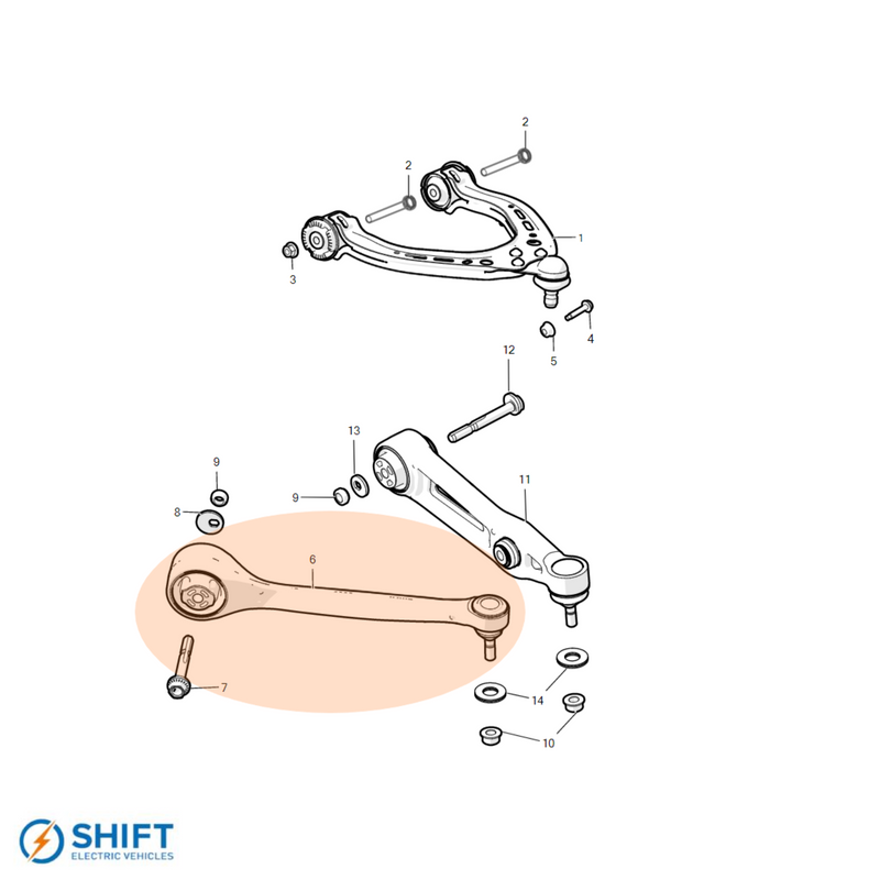 Tesla Model S/X Front Lower Fore Control Arm Left Hand - Part 1041570-00-B, precision-engineered suspension component by SHIFT Electric Vehicles