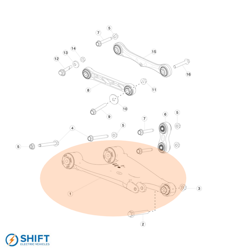 Tesla Model S/X Rear Lower Control Arm - Part 1021416-00-D, high-performance suspension component by SHIFT Electric Vehicles