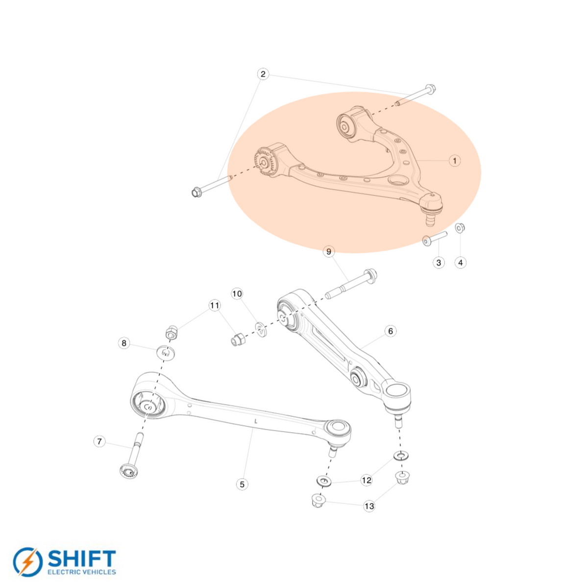 Tesla Model X Front Upper Control Arm Right Hand - Part 1027327-00-E, precision-engineered suspension component by SHIFT Electric Vehicles